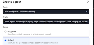 New Post action generating a drafted LinkedIn post from the gathered research